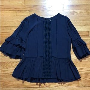 Ann Taylor Navy Peplum, Eyelet, Ruffle Blouse